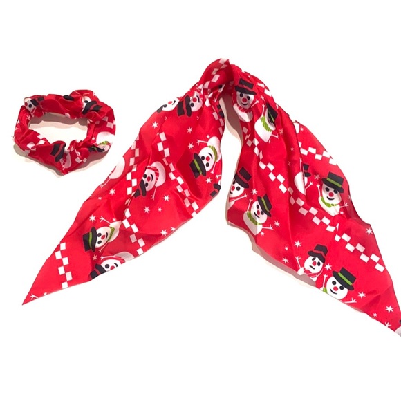 Christmas Holiday Scarf Scrunchie Ponytail Holder 2 in 1 Red Snowman - Picture 3 of 5